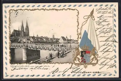 Passepartout-Lithographie Regensburg, Partie am unteren Wörth, bayrisches Wappen, Flagge