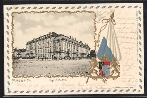 Passepartout-Lithographie Ansbach, Am Königlichen Schloss, bayrisches Wappen und Flagge