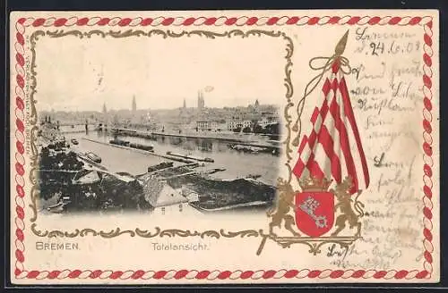 Passepartout-Lithographie Bremen, Teilansicht mit Hafen, Stadt-Wappen