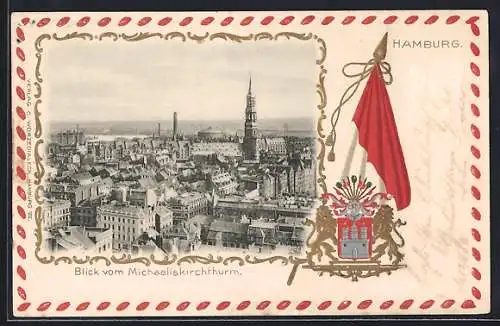 Passepartout-Lithographie Hamburg-Neustadt, Blick vom Michaeliskirchturm, Wappen und Flagge