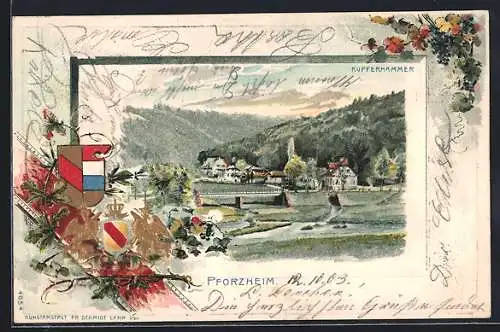 Passepartout-Lithographie Pforzheim-Kupferhammer, Partie am Kupferhammer, Ortsansicht im Tal, Wappen