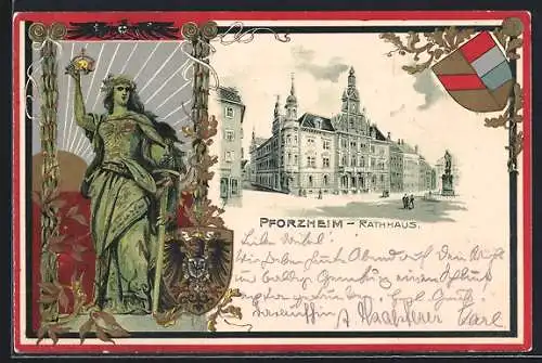 Passepartout-Lithographie Pforzheim, Das Rathhaus, Germania und Wappen