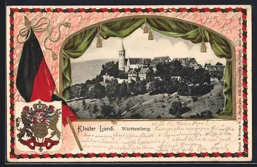 Passepartout-Lithographie Lorch /Württemberg, Blick auf das Kloster, Wappen des Königreichs Württemberg, Flagge