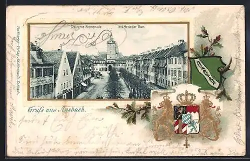 Passepartout-Lithographie Ansbach, Strasse Steinerne Promenade mit Herieder Tor, Wappen