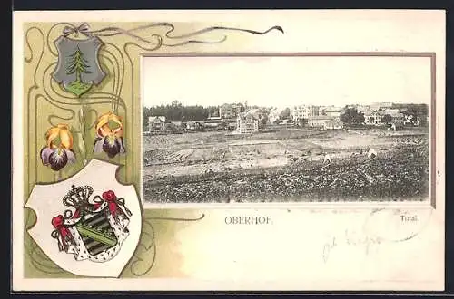 Passepartout-Lithographie Oberhof / Thüringen, Teilansicht mit Wappen