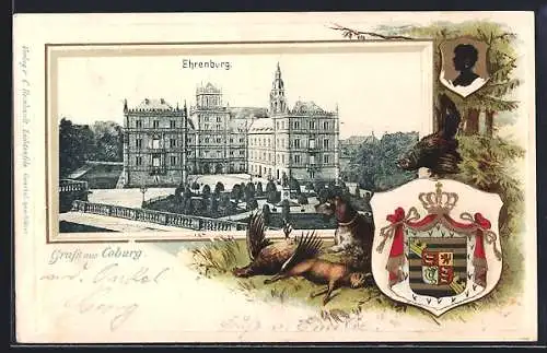 Passepartout-Lithographie Coburg, Blick auf die Ehrenburg, Wappen