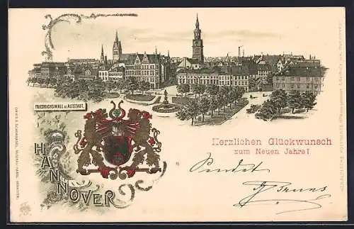 Neujahr-AK Hannover, Friedrichswall, Altstadt und Stadtwappen