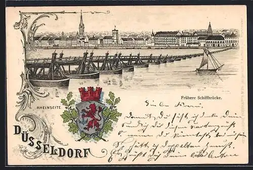 Passepartout-Lithographie Düsseldorf, Rheinseite und Wappen