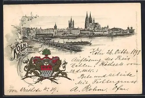 Passepartout-Lithographie Köln a. Rh., Ortsansicht von Deutz aus, Wappen