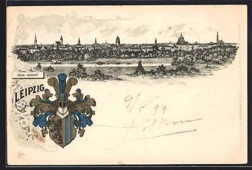 Lithographie Leipzig, Panorama, Leipziger Wappen