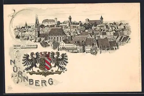 Lithographie Nürnberg, Totalansicht, Wappen