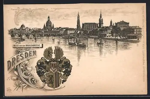 Passepartout-Lithographie Dresden, Ortsansicht von der Marienbrücke