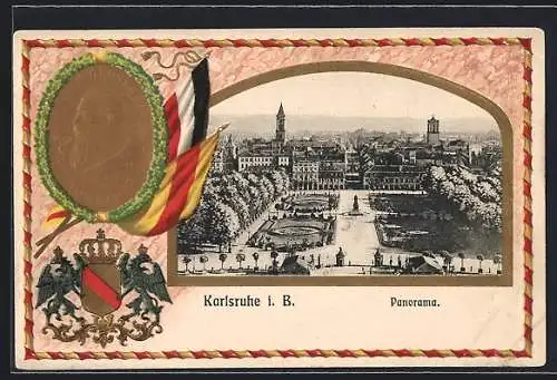 Passepartout-Lithographie Karlsruhe i. B., Panoramablick über die Stadt, Grossherzog Friedrich von Baden