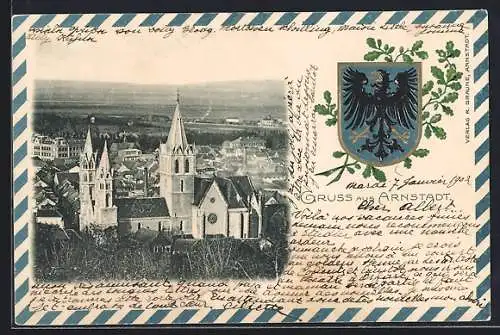 Passepartout-Lithographie Arnstadt, Ortsansicht mit der Kirche, Wappen