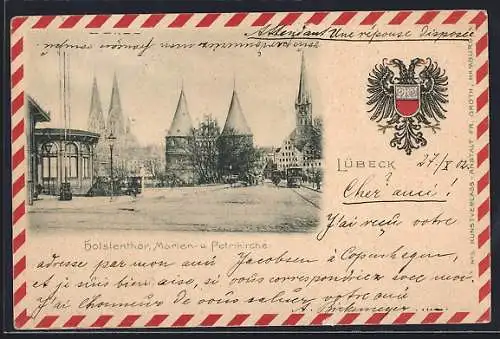 Passepartout-Lithographie Lübeck, Holstentor, Marien- und Petrikirche, Wappen