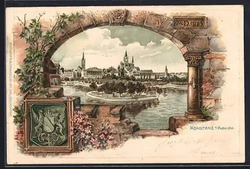 Passepartout-Lithographie Konstanz, Ortsansicht, Wappen