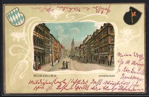 Passepartout-Lithographie Würzburg, Partie in der Domstrasse, Wappen