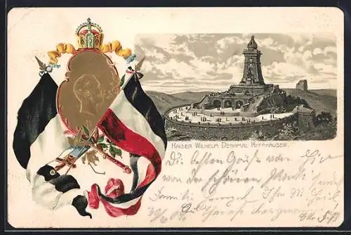 Passepartout-Lithographie Kyffhäuser, Kaiser Wilhelm-Denkmal, Kyffhäuserdenkmal, Porträt Kaiser Wilhelm II., Fahnen