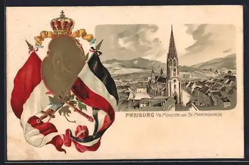 Passepartout-Lithographie Freiburg i. B., Münster von der St. Martinskirche, Grossherzog Friedrich von Baden