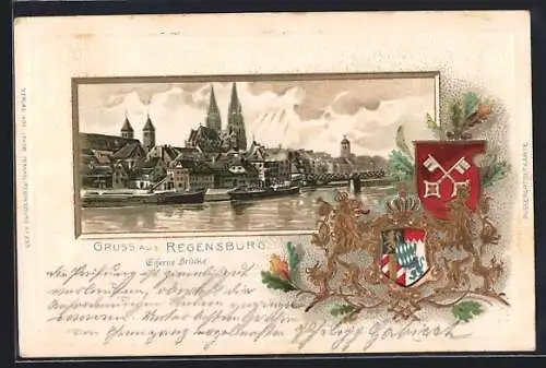 Passepartout-Lithographie Regensburg, Eiserne Brücke und Wappen