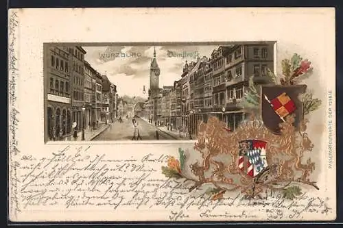 Passepartout-Lithographie Würzburg, Domstrasse, Wappen