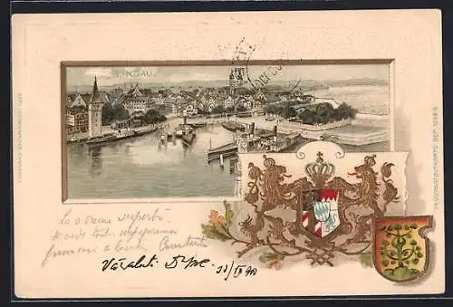 Passepartout-Lithographie Lindau / Bodensee, Ortsansicht aus der Vogelschau, Wappen