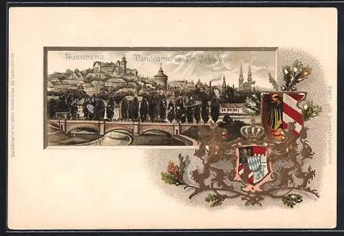 Passepartout-Lithographie Nürnberg, Wappen und Panorama von St. Johannis