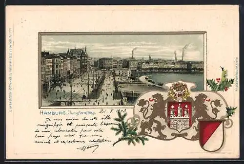 Passepartout-Lithographie Hamburg-Neustadt, Jungfernstieg, goldene Löwen mit Wappen