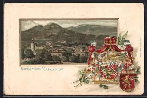 Passepartout-Lithographie Blankenburg i. Schwarzathal, Panoramablick auf die Ortschaft, Wappen