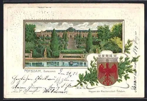 Passepartout-Lithographie Potsdam, Sanssouci, Wappen