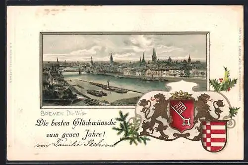 Passepartout-Lithographie Bremen, Stadtpanorama mit Weser, Stadt-Wappen