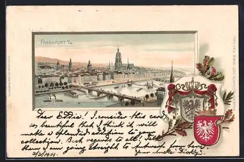 Passepartout-Lithographie Frankfurt /Main, Panorama mit den Mainbrücken, Wappen