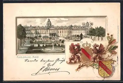 Passepartout-Lithographie Karlsruhe, Blick zum Schloss, Wappen