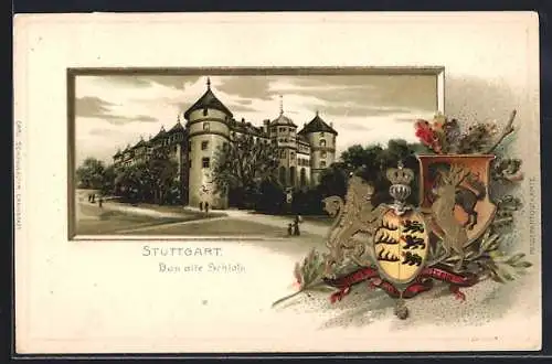 Passepartout-Lithographie Stuttgart, Altes Schloss, Wappen und Eichenlaub