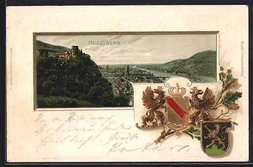 Passepartout-AK Heidelberg, Totalansicht mit Burg, Wappen