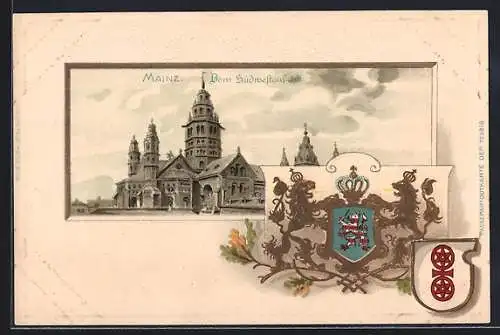 Passepartout-Lithographie Mainz, Südwestansicht vom Dom, Wappen