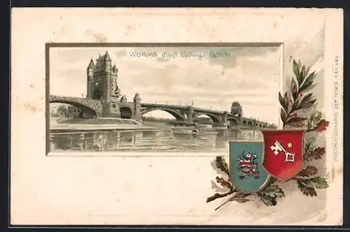 Passepartout-Präge-Lithographie Worms, Ernst Ludwigs-Brücke mit Wappen