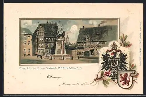 Passepartout-Lithographie Braunschweig, Burgplatz mit Löwendenkmal, Adler mit Wappen