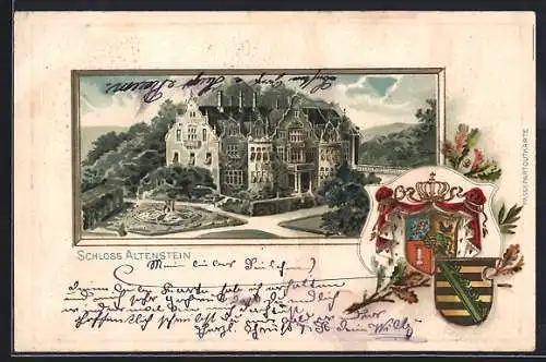 Passepartout-Lithographie Bad Liebenstein, Schloss Altenstein mit Grünanlagen, Wappen