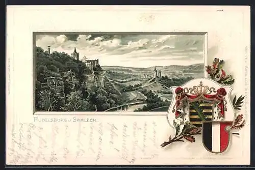 Passepartout-Lithographie Saaleck / Saale, Rudelsburg und Wappen