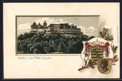 Passepartout-Lithographie Coburg, Veste Coburg, Wappen