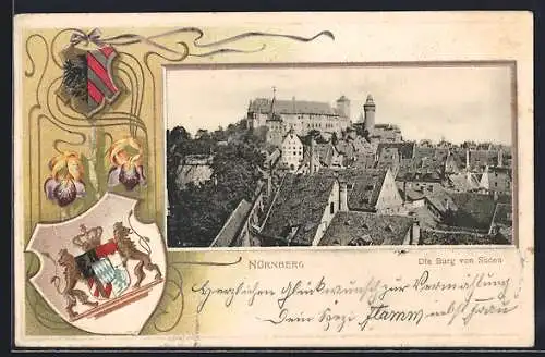 Passepartout-Lithographie Nürnberg, Die Burg von Süden gesehen, Wappen