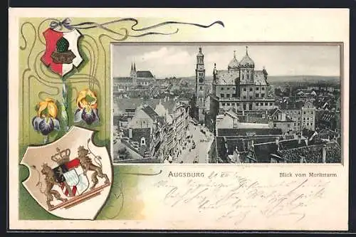 Passepartout-Lithographie Augsburg, Blick vom Moritzturm, geprägtes Wappen