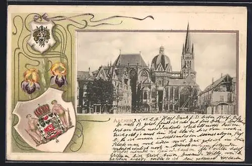 Passepartout-Lithographie Aachen, Blick zum Dom, Wappen