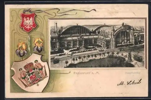 Passepartout-Lithographie Frankfurt a. M., Partie am Hauptbahnhof, Wappen