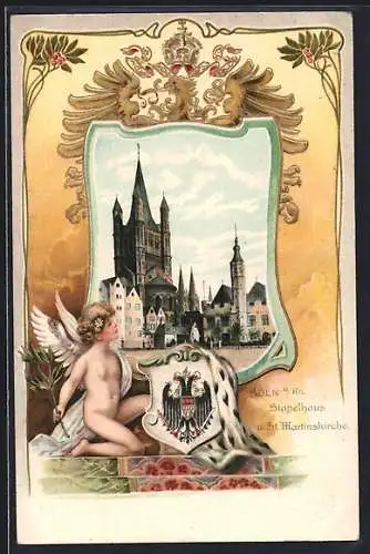 Passepartout-Lithographie Köln, Stapelhaus und St. Martinskirche m. Wappen, geprägt