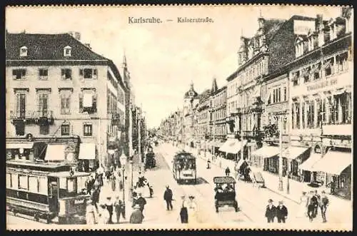 AK Karlsruhe, Strassenbahn an der Kaiserstrasse