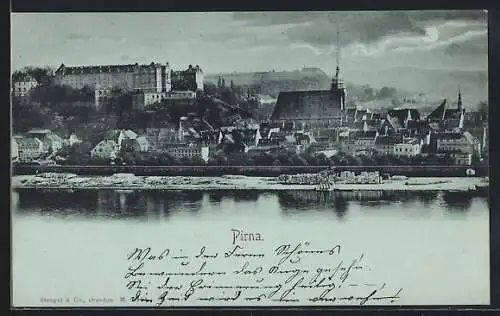 Mondschein-AK Pirna, Gesamtansicht vom Fluss aus