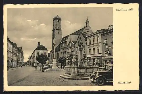 AK Weilheim /Obb., Platzpartie mit Denkmal und Kirche