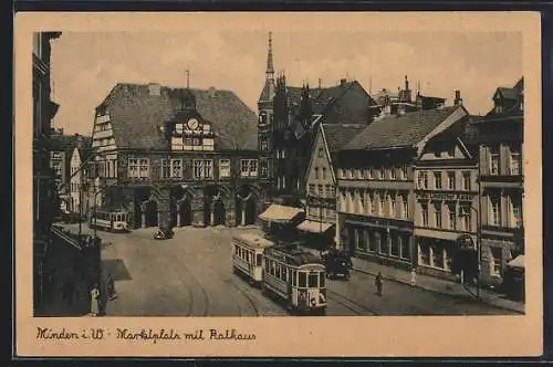 AK Minden i. W., Marktplatz mit Rathaus und Strassenbahn